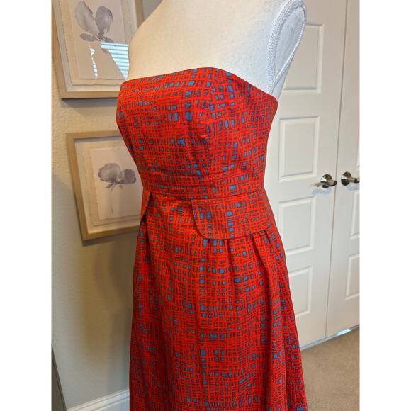 Tabitha by Anthropologie | Crosshatch Strapless Red/Blue Fit & Flare Dress | 6 - Picture 7 of 13